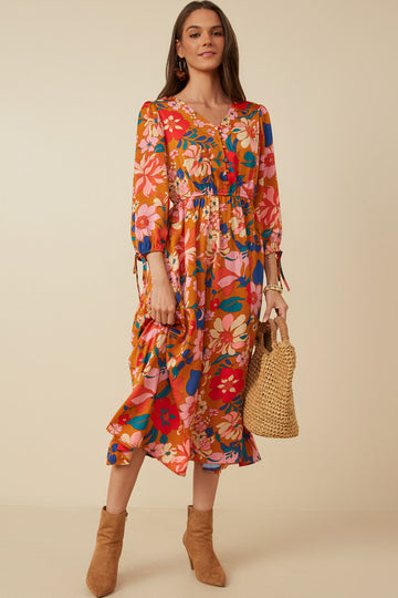 HY7738W Camel Plus Retro Floral Tie Sleeve Button Detail Dress Full Body